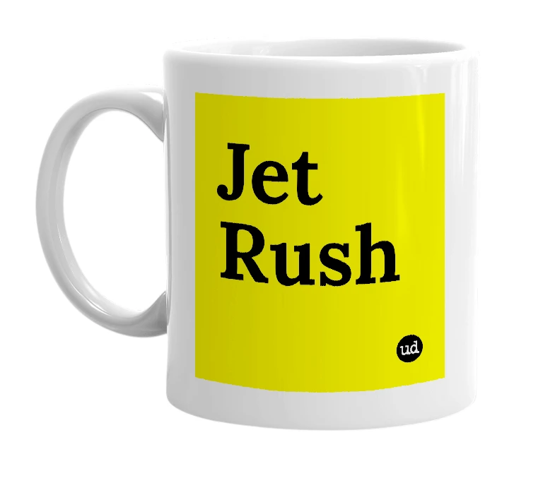 White mug with 'Jet Rush' in bold black letters