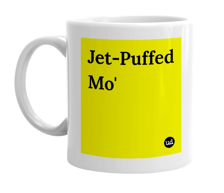 White mug with 'Jet-Puffed Mo'' in bold black letters