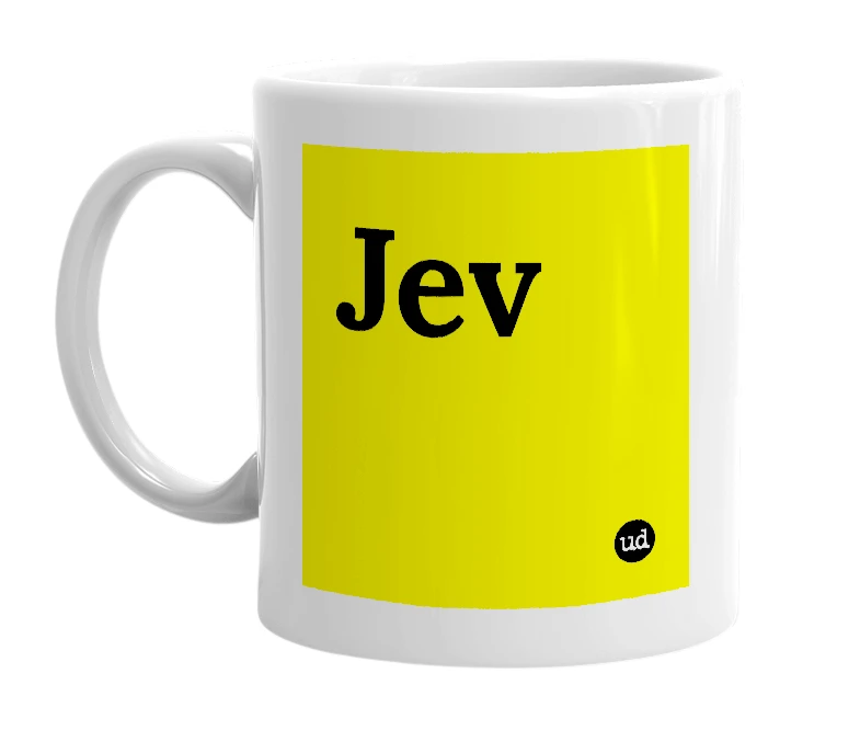 White mug with 'Jev' in bold black letters