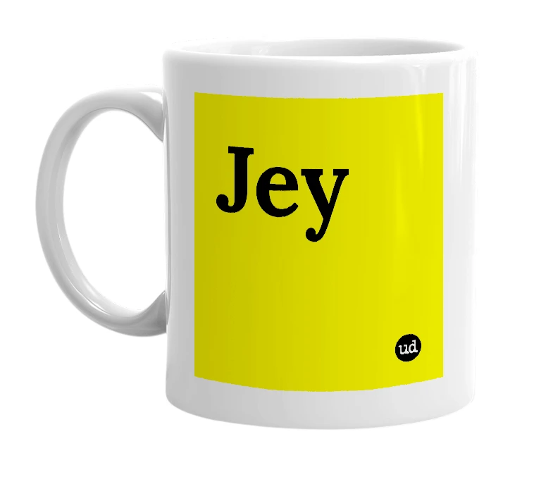 White mug with 'Jey' in bold black letters