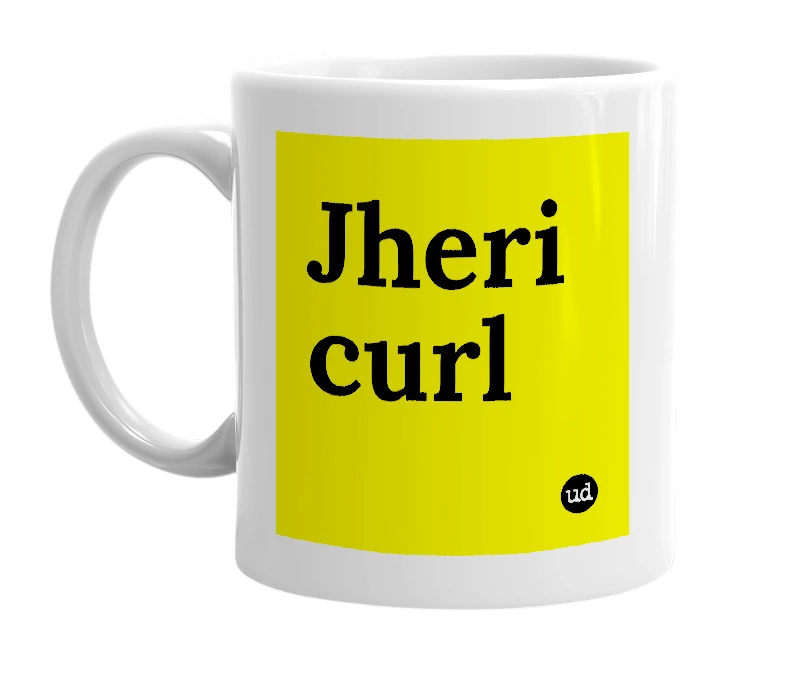 White mug with 'Jheri curl' in bold black letters