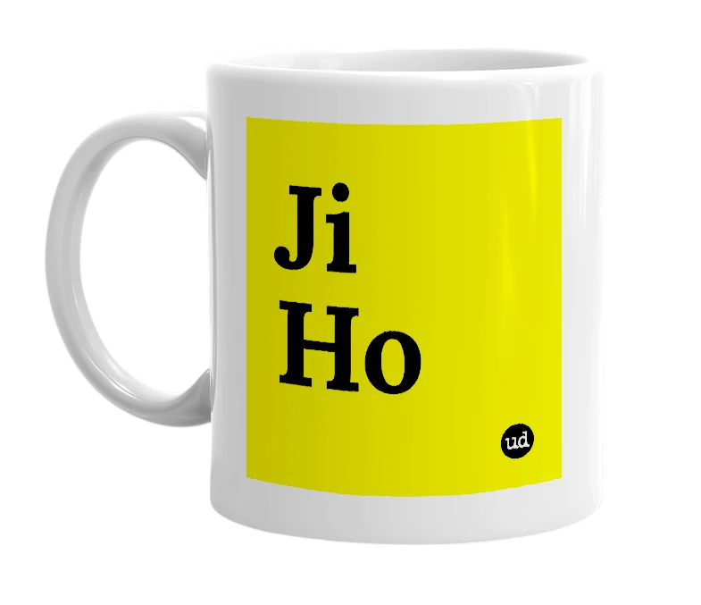 White mug with 'Ji Ho' in bold black letters