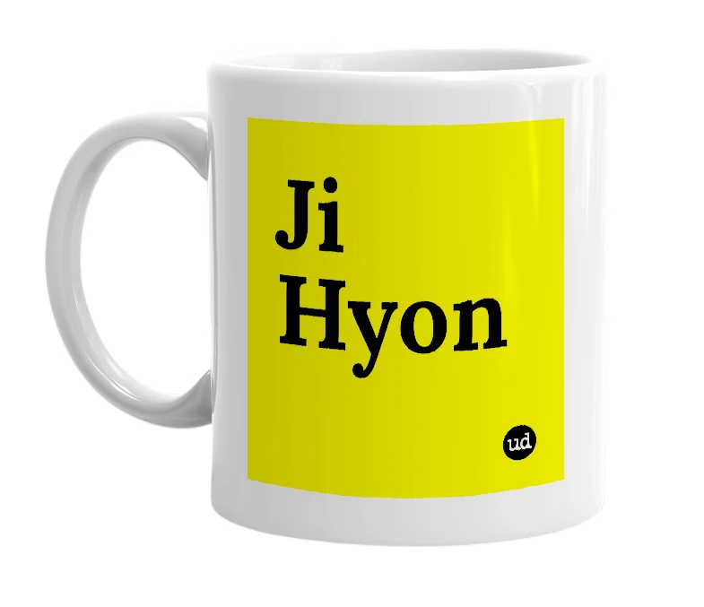 White mug with 'Ji Hyon' in bold black letters