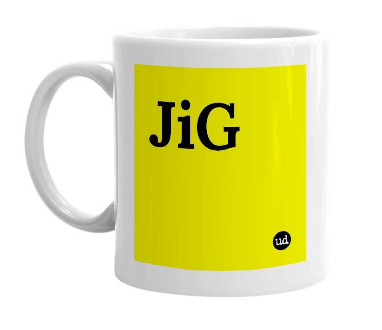 White mug with 'JiG' in bold black letters