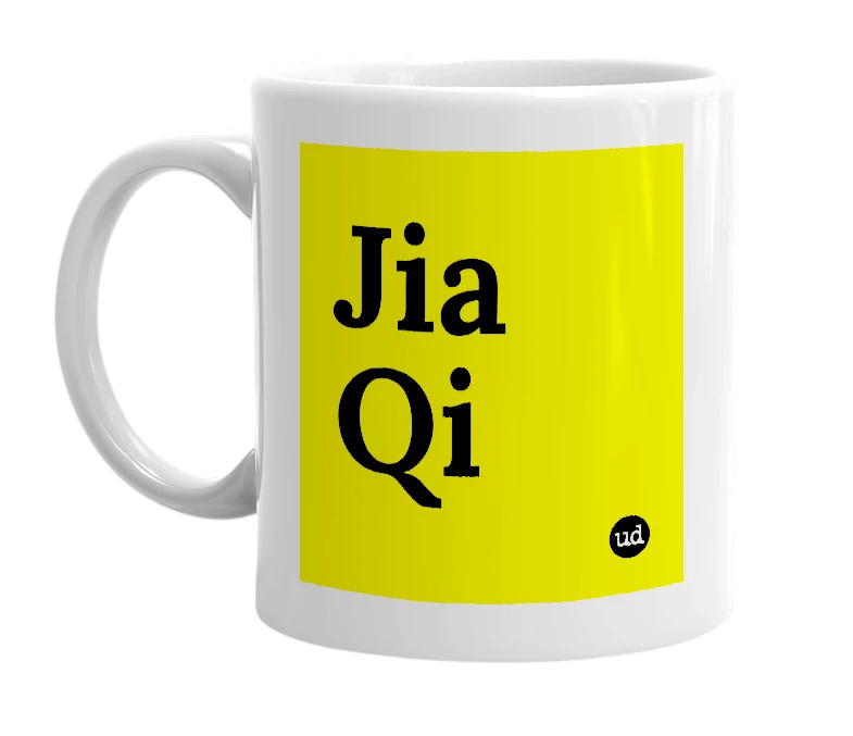 White mug with 'Jia Qi' in bold black letters