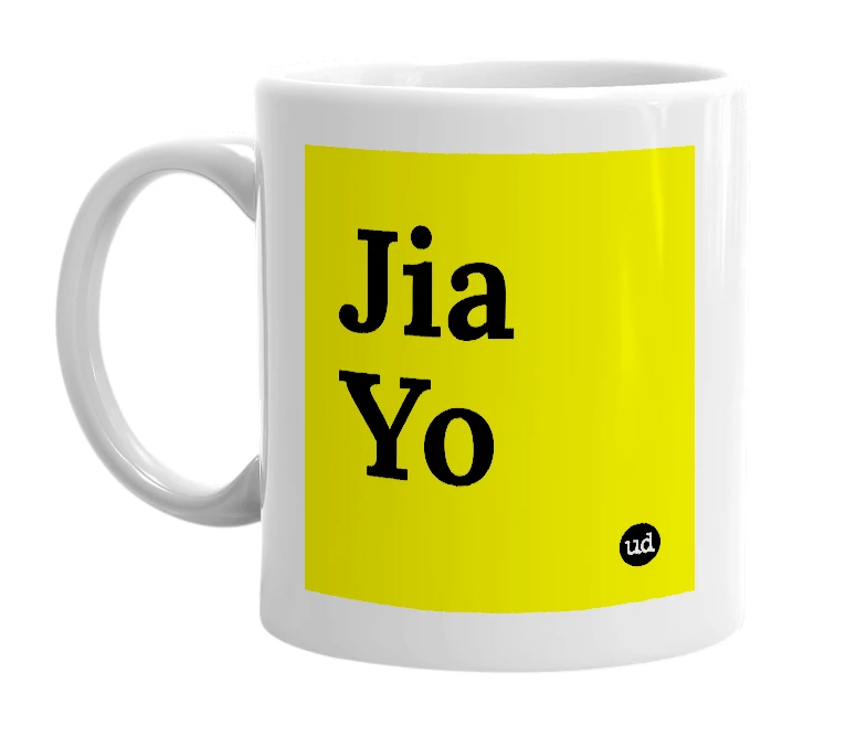 White mug with 'Jia Yo' in bold black letters