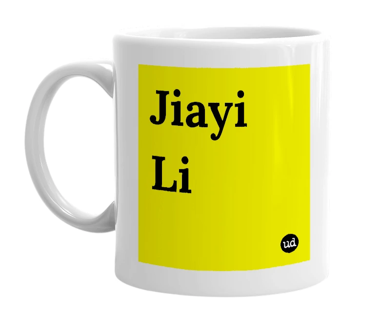 White mug with 'Jiayi Li' in bold black letters