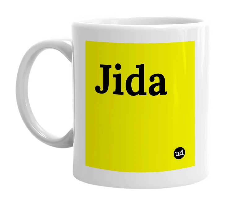 White mug with 'Jida' in bold black letters