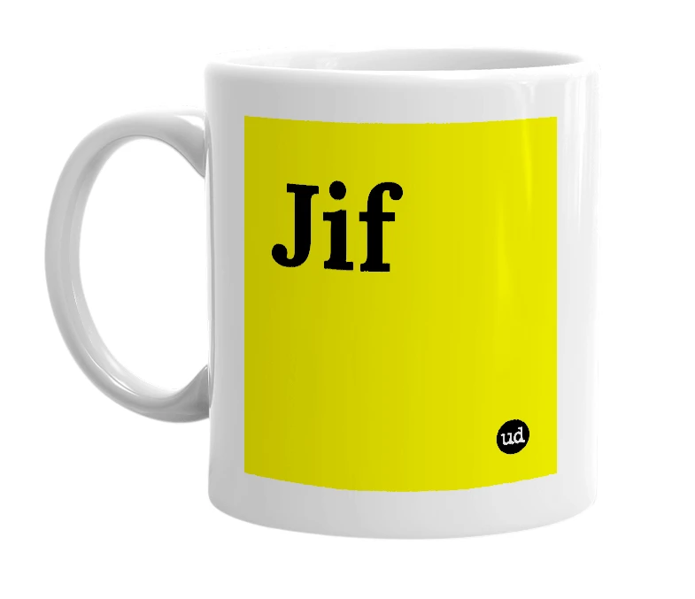 White mug with 'Jif' in bold black letters