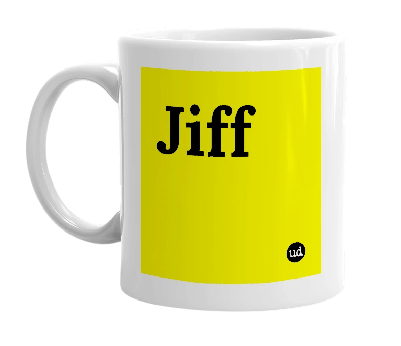 White mug with 'Jiff' in bold black letters