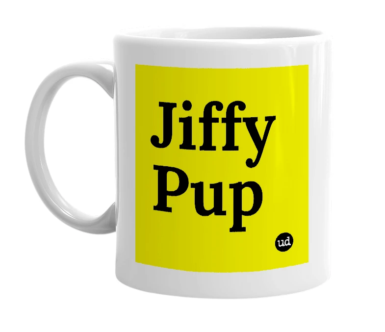 White mug with 'Jiffy Pup' in bold black letters
