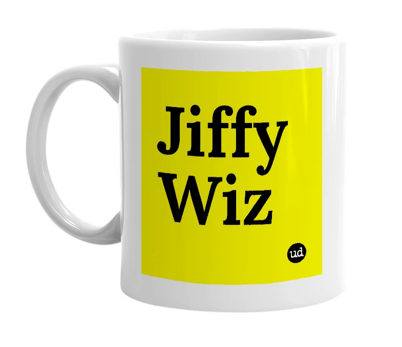 White mug with 'Jiffy Wiz' in bold black letters