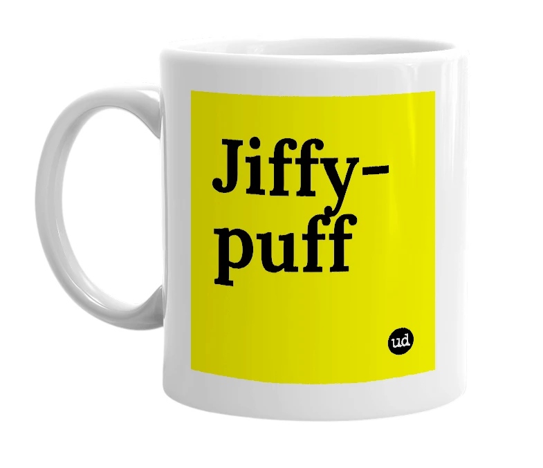 White mug with 'Jiffy-puff' in bold black letters