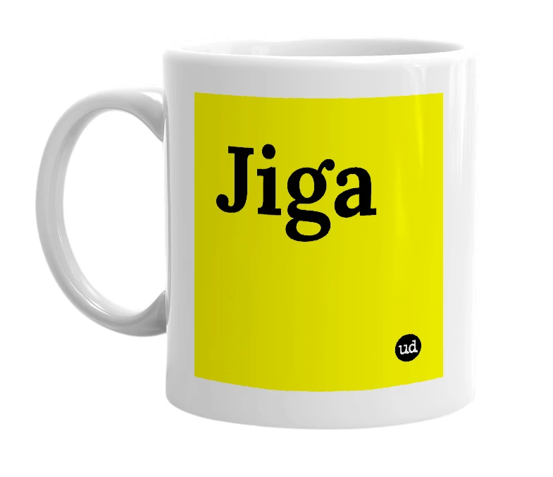 White mug with 'Jiga' in bold black letters