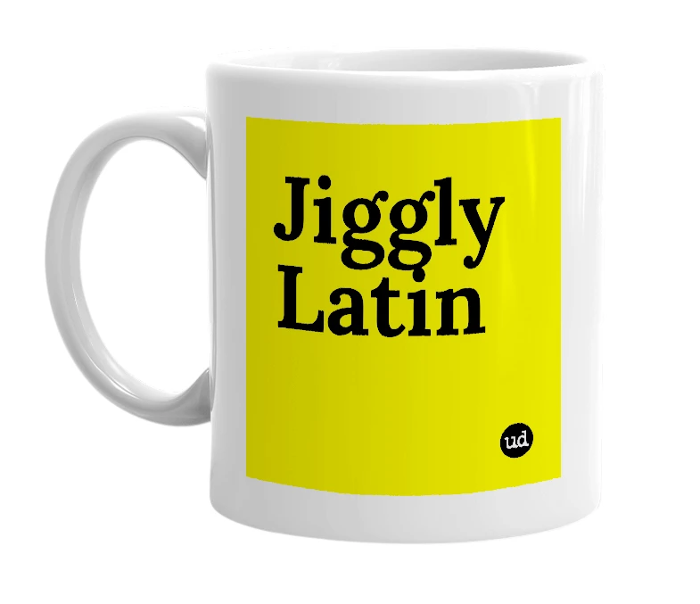 White mug with 'Jiggly Latin' in bold black letters