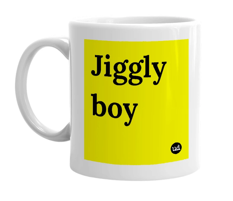 White mug with 'Jiggly boy' in bold black letters
