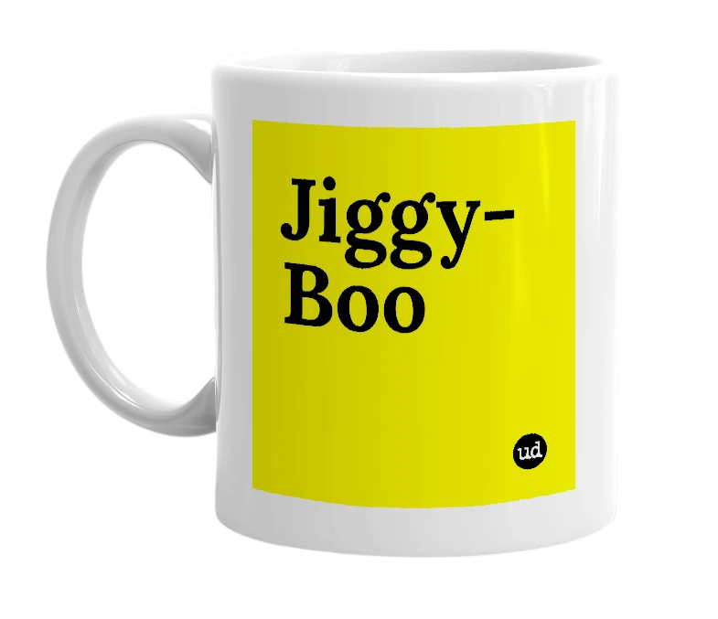 White mug with 'Jiggy-Boo' in bold black letters