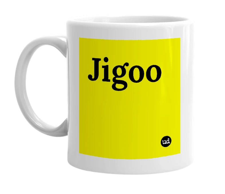 White mug with 'Jigoo' in bold black letters