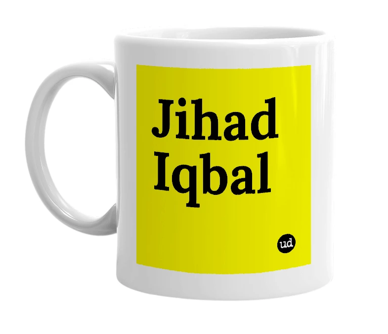 White mug with 'Jihad Iqbal' in bold black letters