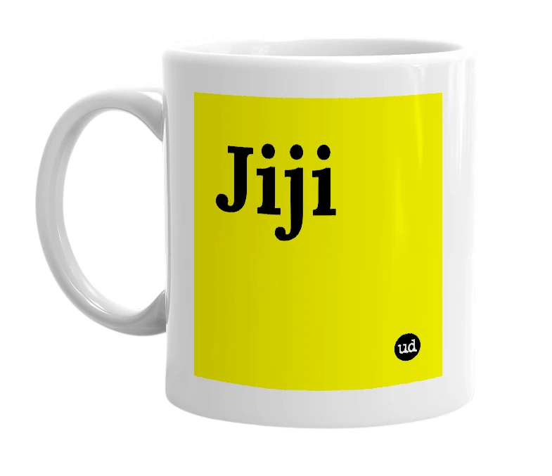 White mug with 'Jiji' in bold black letters