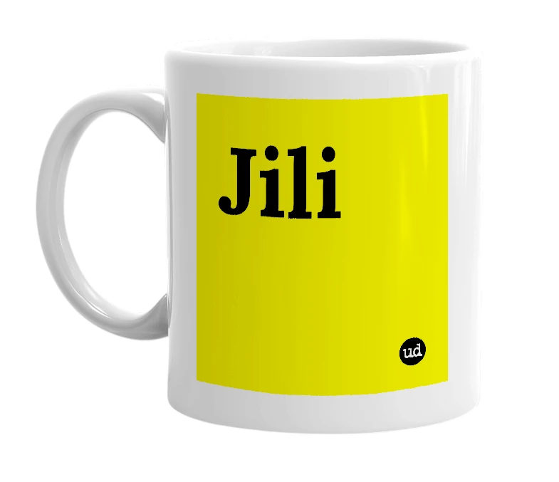 White mug with 'Jili' in bold black letters