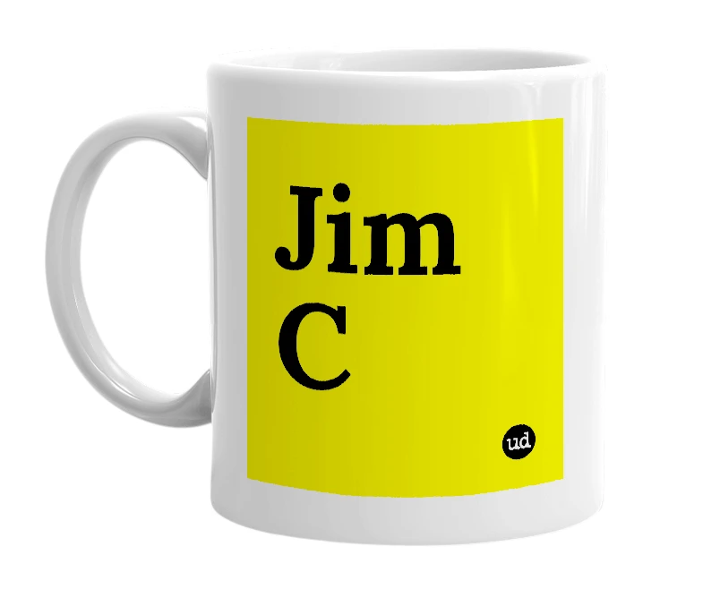 White mug with 'Jim C' in bold black letters