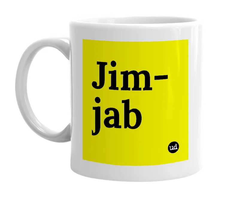 White mug with 'Jim-jab' in bold black letters