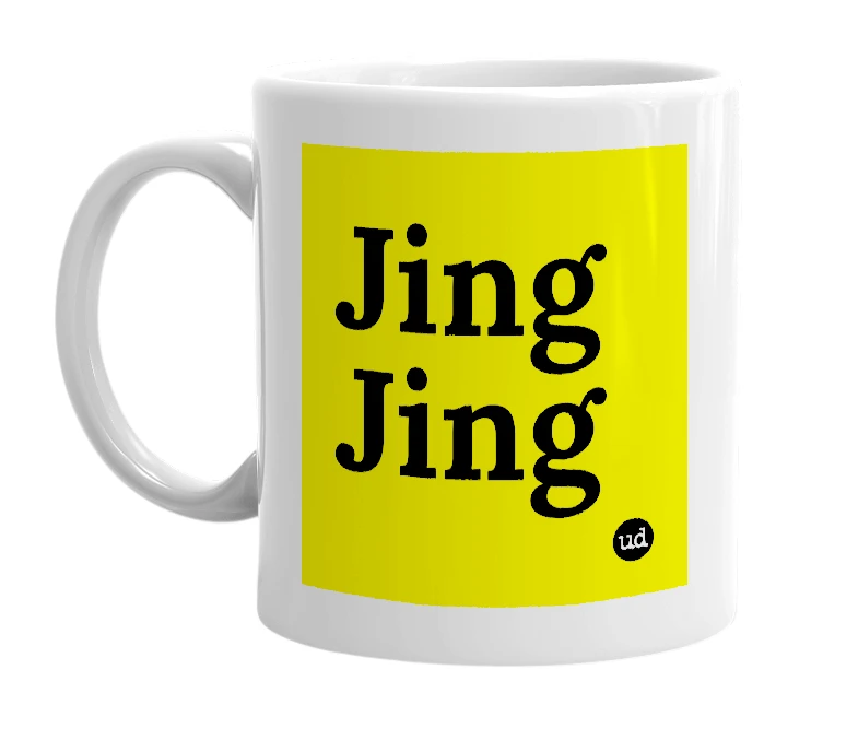 White mug with 'Jing Jing' in bold black letters