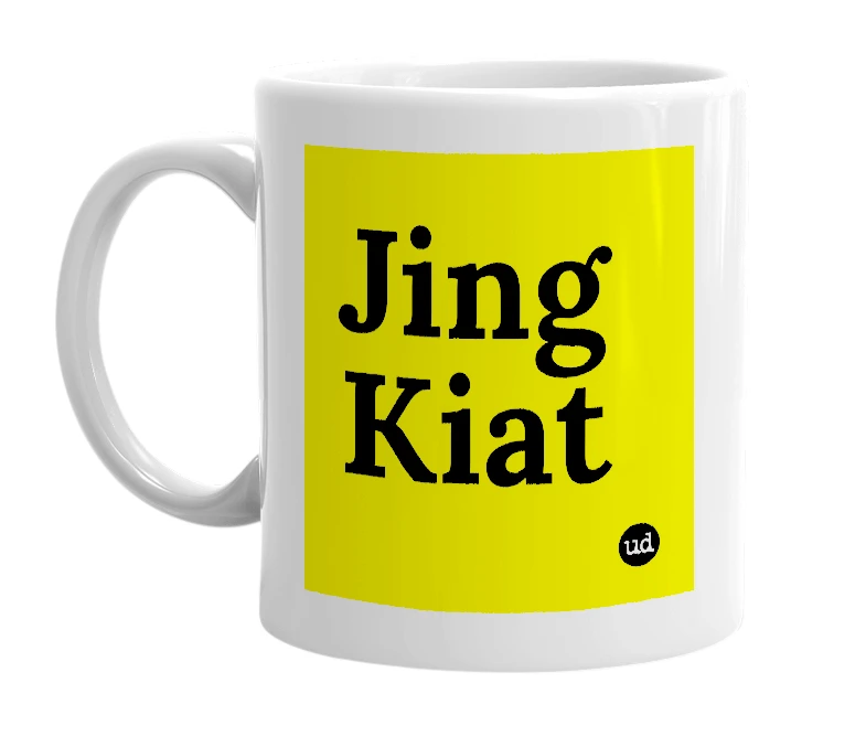 White mug with 'Jing Kiat' in bold black letters