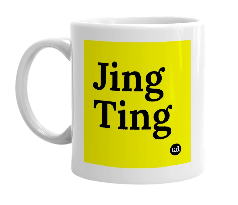 White mug with 'Jing Ting' in bold black letters