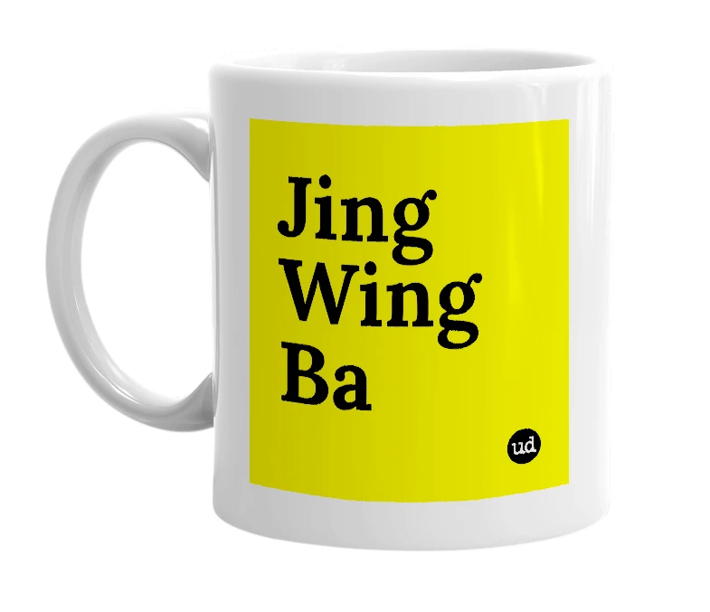 White mug with 'Jing Wing Ba' in bold black letters