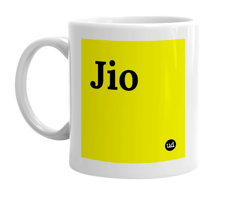 White mug with 'Jio' in bold black letters