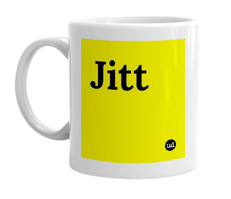 White mug with 'Jitt' in bold black letters