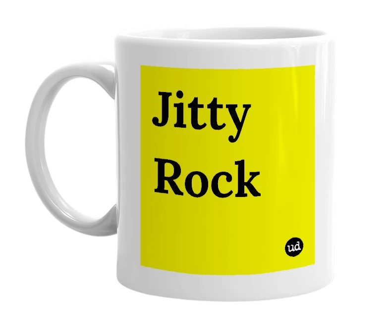 White mug with 'Jitty Rock' in bold black letters