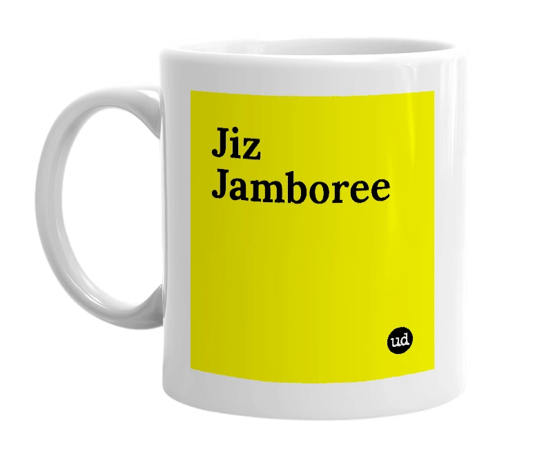 White mug with 'Jiz Jamboree' in bold black letters