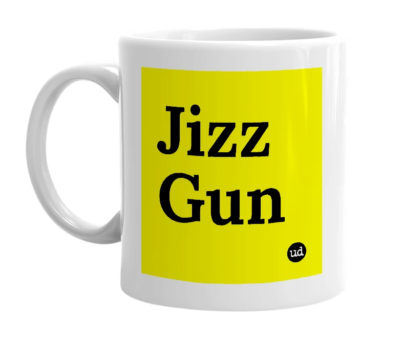 White mug with 'Jizz Gun' in bold black letters