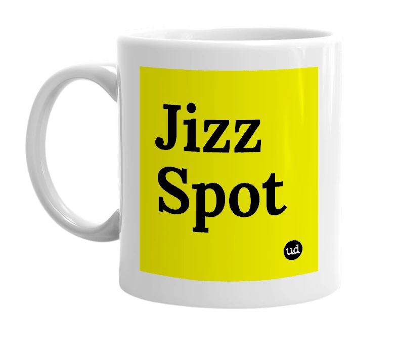 White mug with 'Jizz Spot' in bold black letters