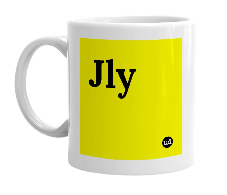 White mug with 'Jly' in bold black letters