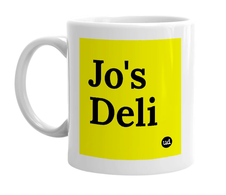 White mug with 'Jo's Deli' in bold black letters