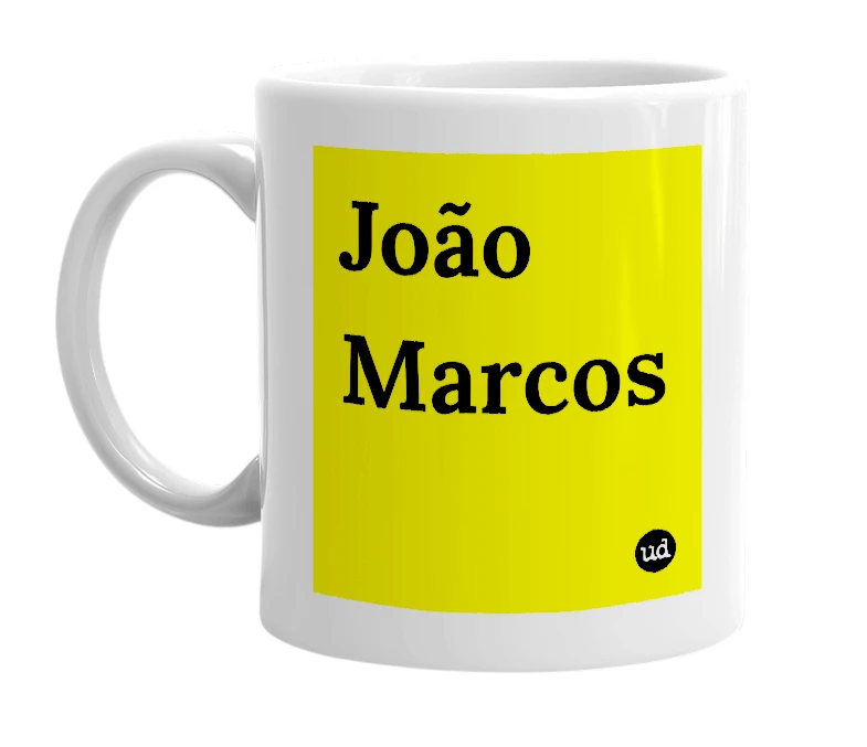 White mug with 'João Marcos' in bold black letters
