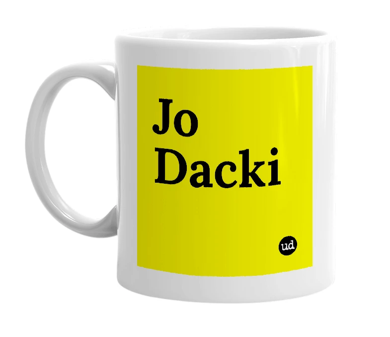 White mug with 'Jo Dacki' in bold black letters
