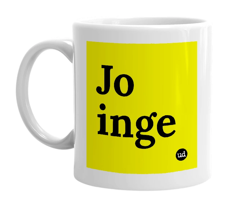 White mug with 'Jo inge' in bold black letters