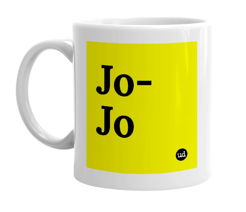 White mug with 'Jo-Jo' in bold black letters