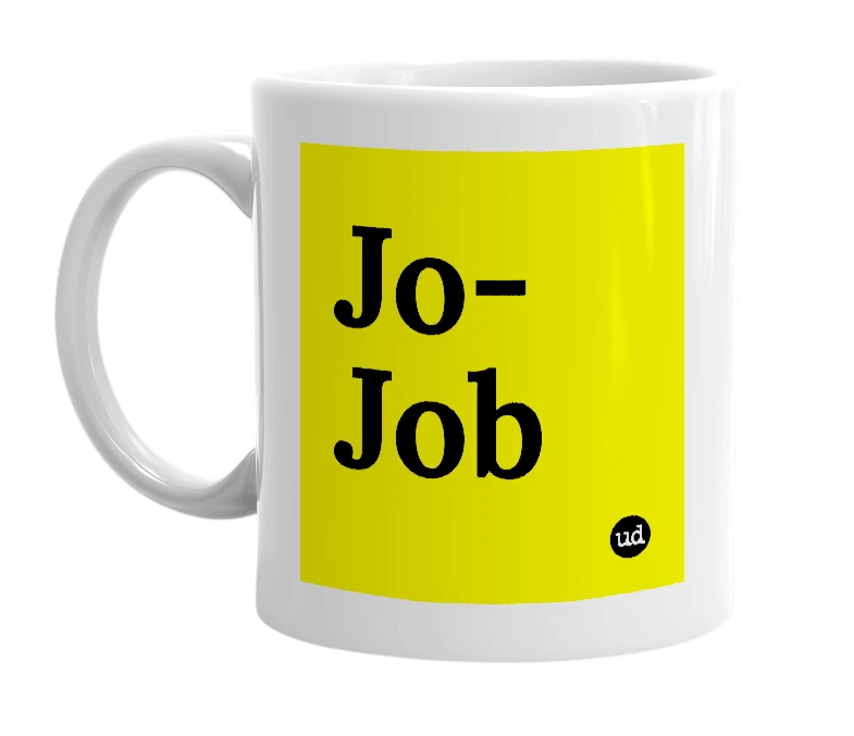 White mug with 'Jo-Job' in bold black letters