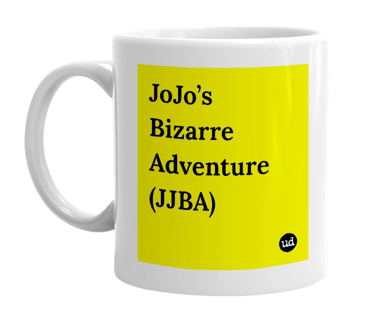 White mug with 'JoJo’s Bizarre Adventure (JJBA)' in bold black letters
