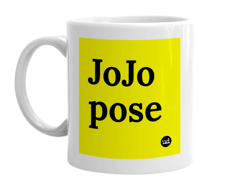 White mug with 'JoJo pose' in bold black letters