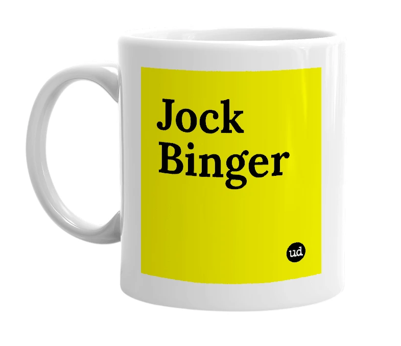 White mug with 'Jock Binger' in bold black letters
