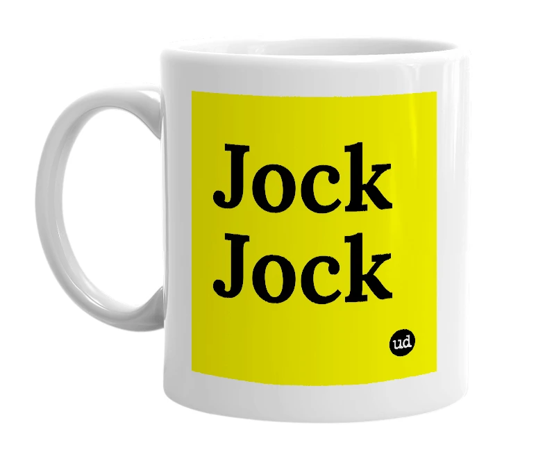 White mug with 'Jock Jock' in bold black letters