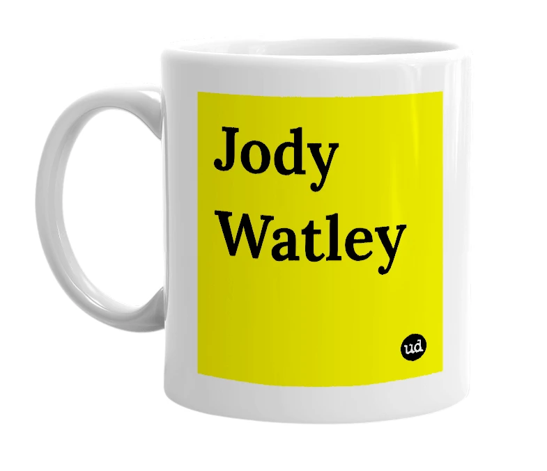 White mug with 'Jody Watley' in bold black letters