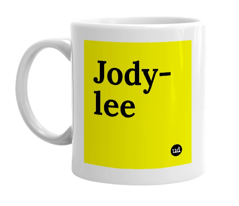 White mug with 'Jody-lee' in bold black letters